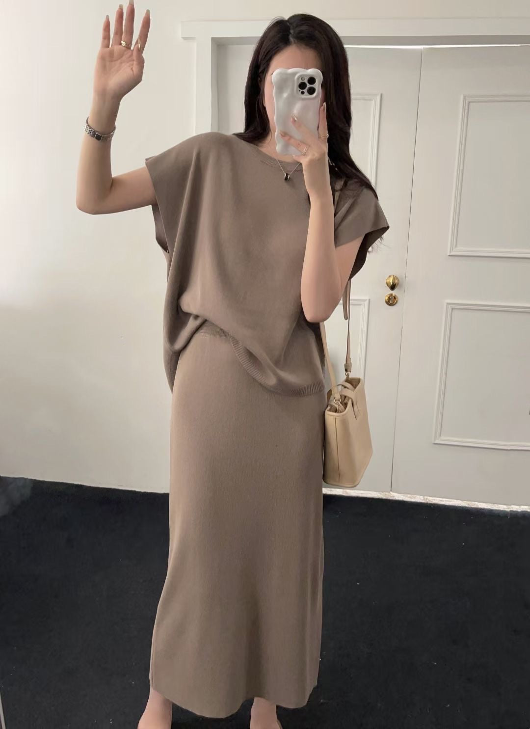 High Quality Knitted Loose Top & Back Slit Skirt 2 in 1 Coords Terno