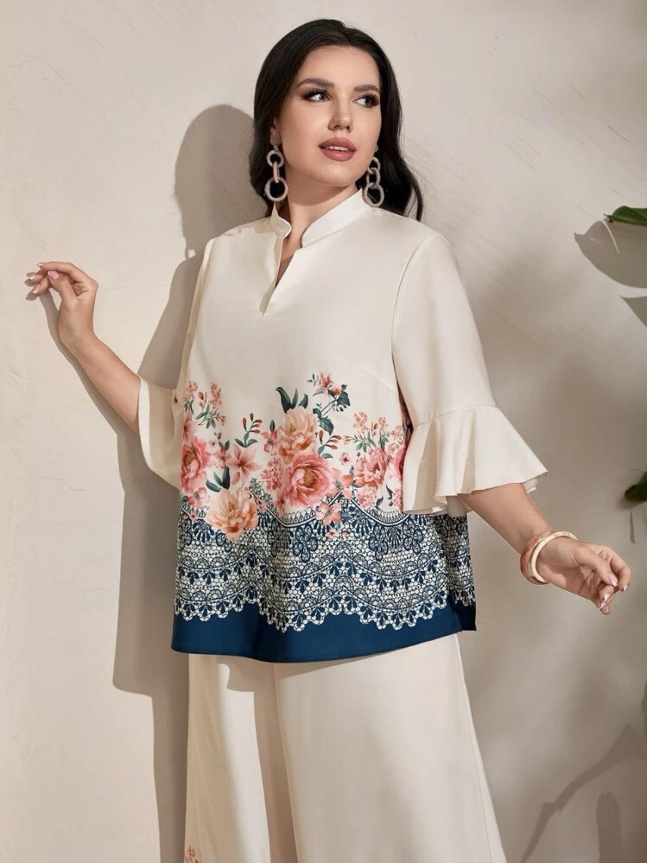 Collar Neck Ruffle Sleeve Top & Wide Leg Pants Floral Plus Size Terno Set Coords