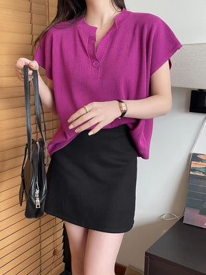One Working Button Batwing Sleeve Oversize Knitted Top