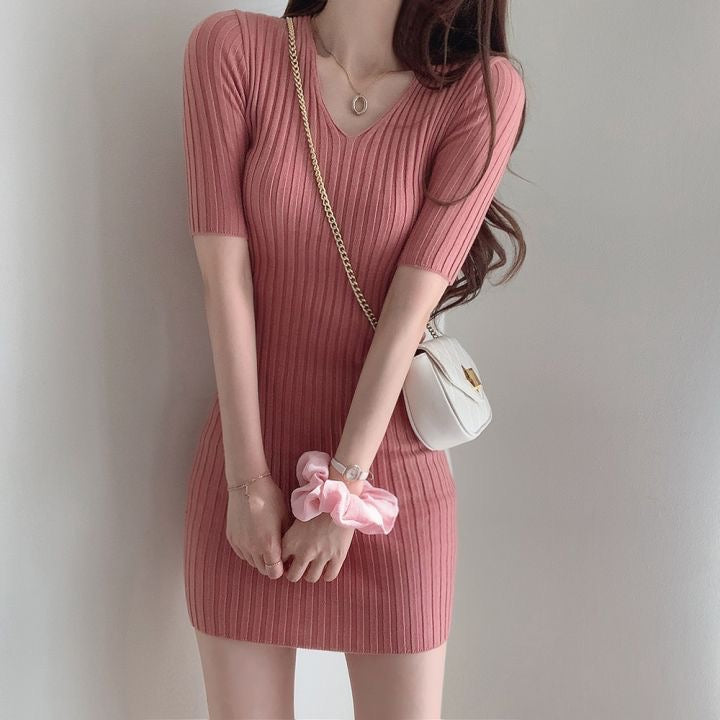 Simple V-neck Knitted Dress