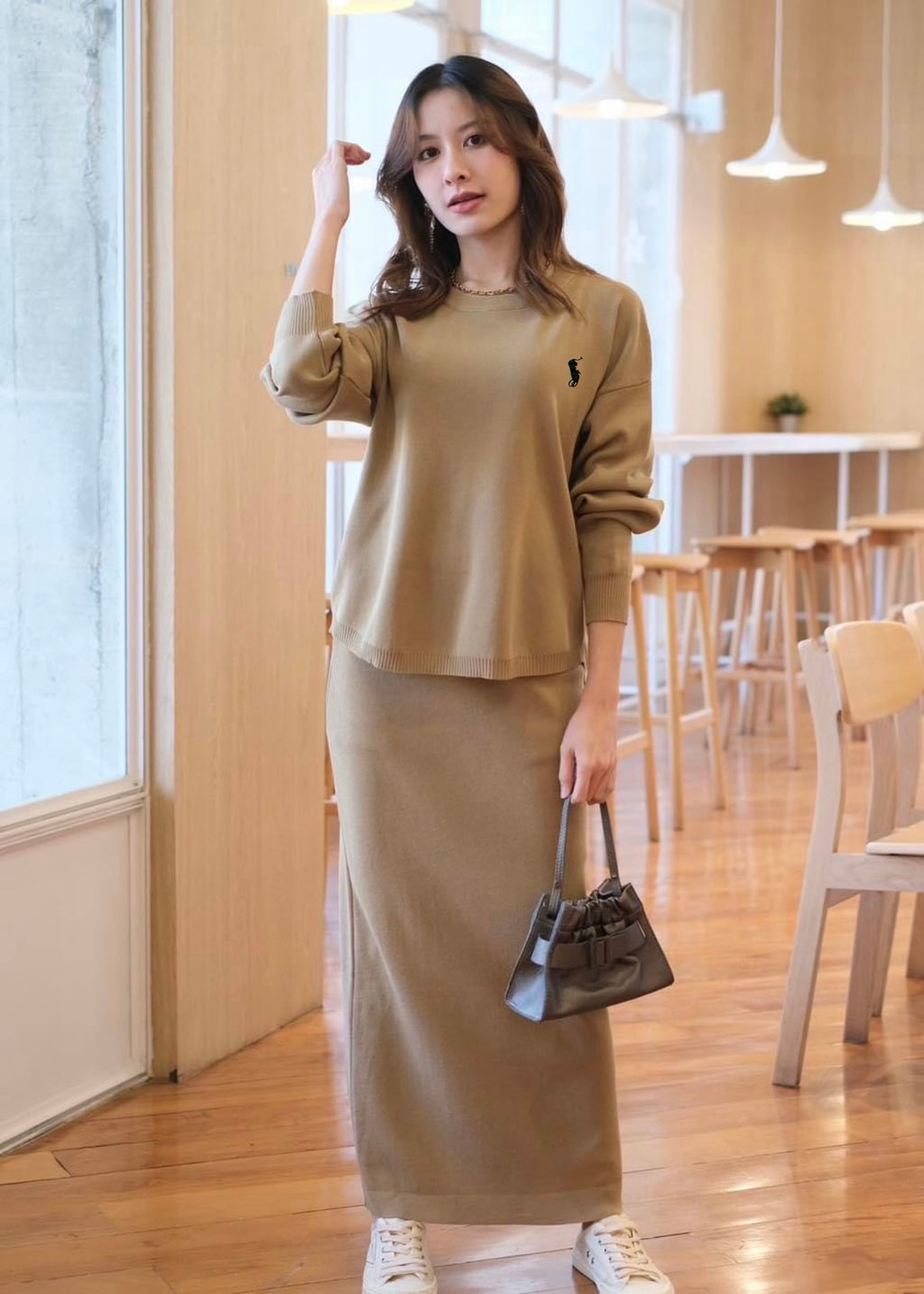 Embroidery Long Sleeve Low High Hem Top & Back Slit Garter Skirt Oversize Knitted Terno Set Coords