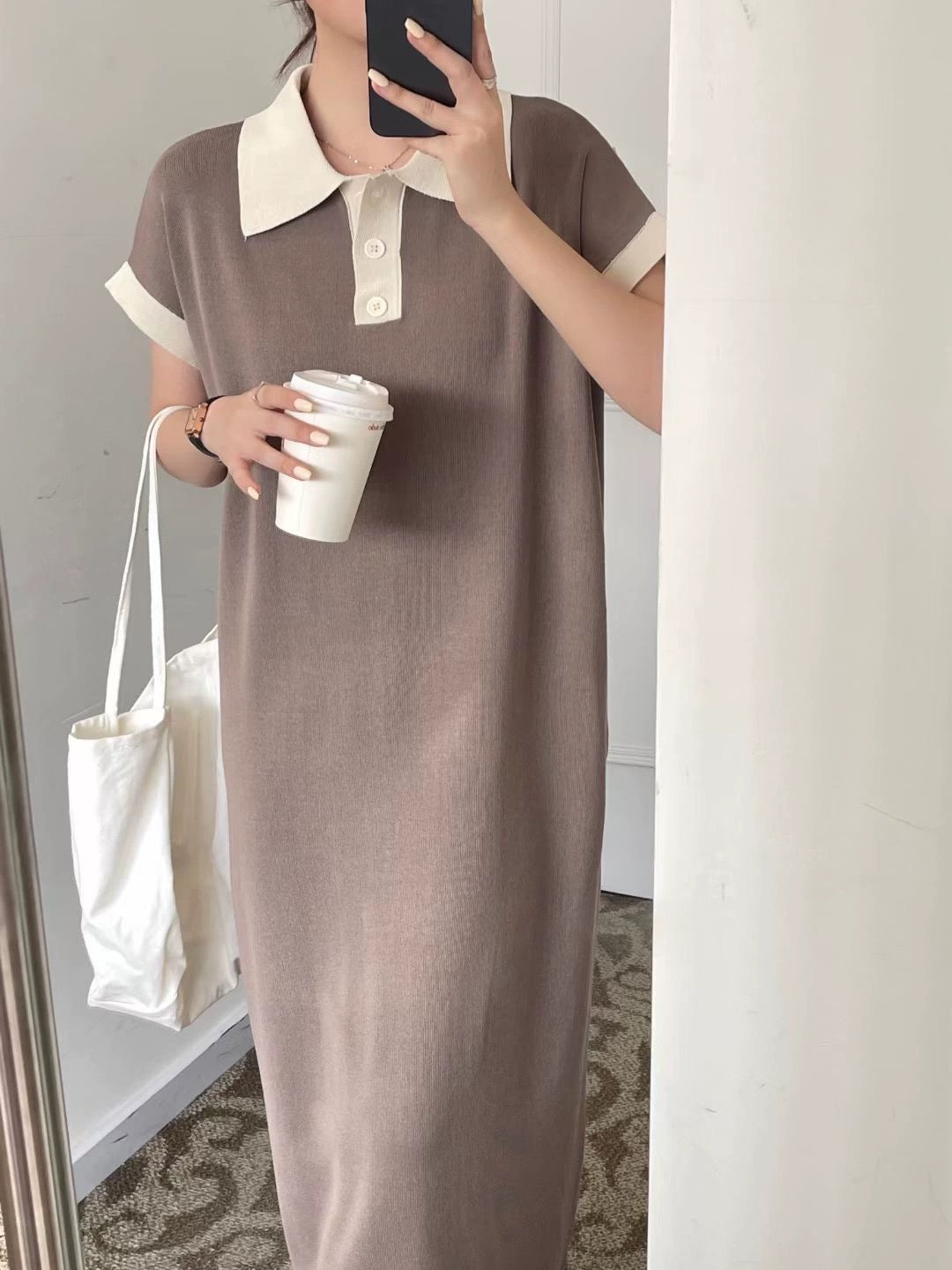 Button Down Polo Neck Oversize Knitted Dress