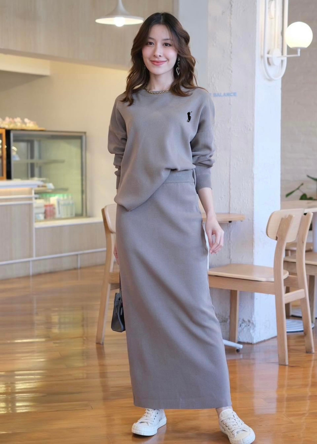 Embroidery Long Sleeve Low High Hem Top & Back Slit Garter Skirt Oversize Knitted Terno Set Coords