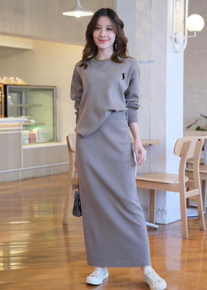 Embroidery Long Sleeve Low High Hem Top & Back Slit Garter Skirt Oversize Knitted Terno Set Coords