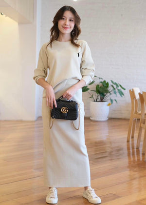 Embroidery Long Sleeve Low High Hem Top & Back Slit Garter Skirt Oversize Knitted Terno Set Coords