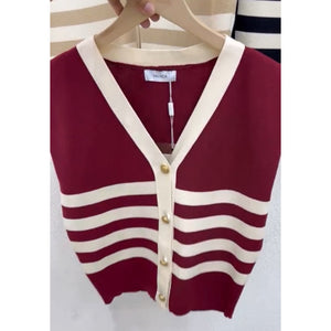 Stripe Pattern V-neck  Button Down Oversize Knitted Top