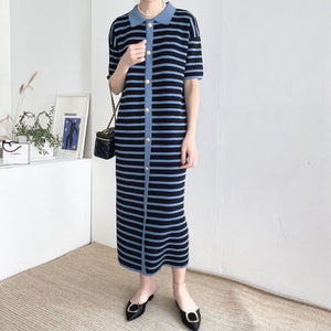 Front Buttons Collar Neck Two Tone Stripe Oversize Knitted Dress