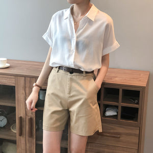 Button Down Fold-up Sleeve Polo Shirt Top