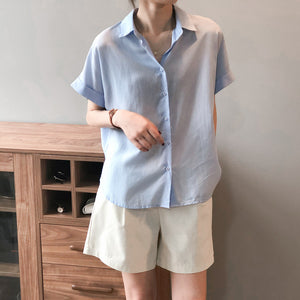 Button Down Fold-up Sleeve Polo Shirt Top