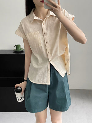 Fold-up Batwing Sleeve 1 Pocket Button Down Shirt Top