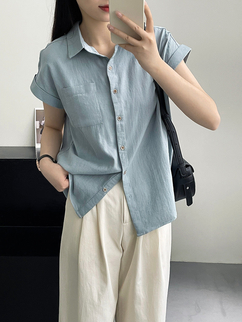 Fold-up Batwing Sleeve 1 Pocket Button Down Shirt Top