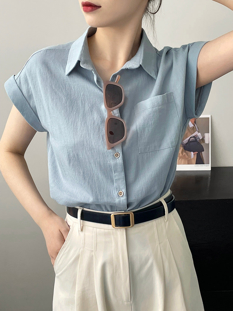 Fold-up Batwing Sleeve 1 Pocket Button Down Shirt Top