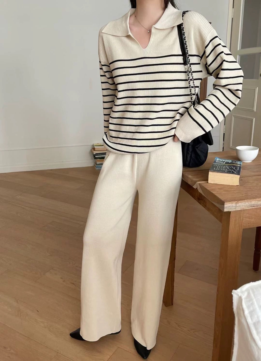 Collar Neck Stripe Long Sleeve Top & Wide Leg Pants Oversize Knitted Terno Set Coords