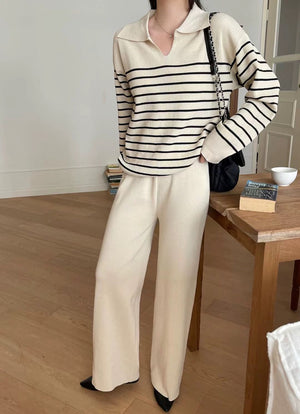 Collar Neck Stripe Long Sleeve Top & Wide Leg Pants Oversize Knitted Terno Set Coords