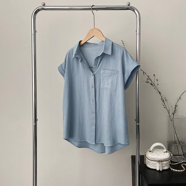 Fold-up Batwing Sleeve 1 Pocket Button Down Shirt Top