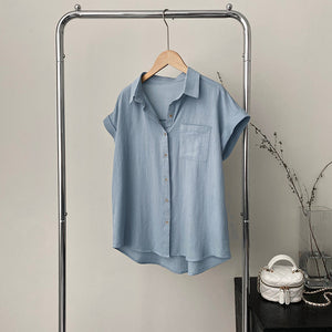 Fold-up Batwing Sleeve 1 Pocket Button Down Shirt Top