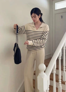 Collar Neck Stripe Long Sleeve Top & Wide Leg Pants Oversize Knitted Terno Set Coords