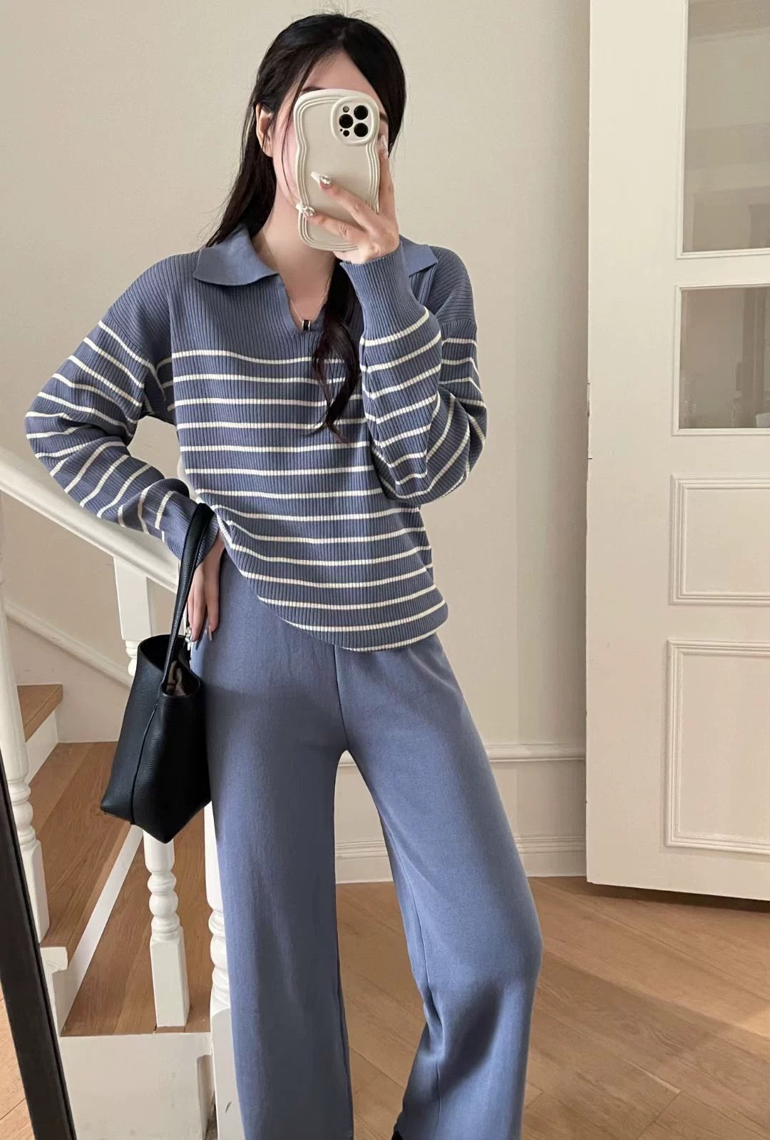 Collar Neck Stripe Long Sleeve Top & Wide Leg Pants Oversize Knitted Terno Set Coords