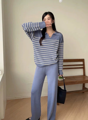 Collar Neck Stripe Long Sleeve Top & Wide Leg Pants Oversize Knitted Terno Set Coords