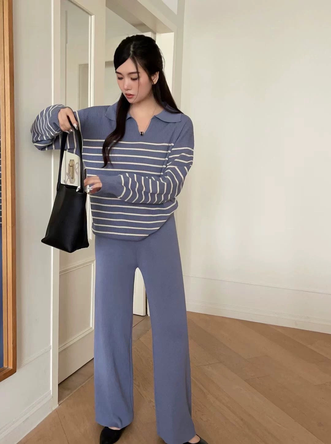 Collar Neck Stripe Long Sleeve Top & Wide Leg Pants Oversize Knitted Terno Set Coords