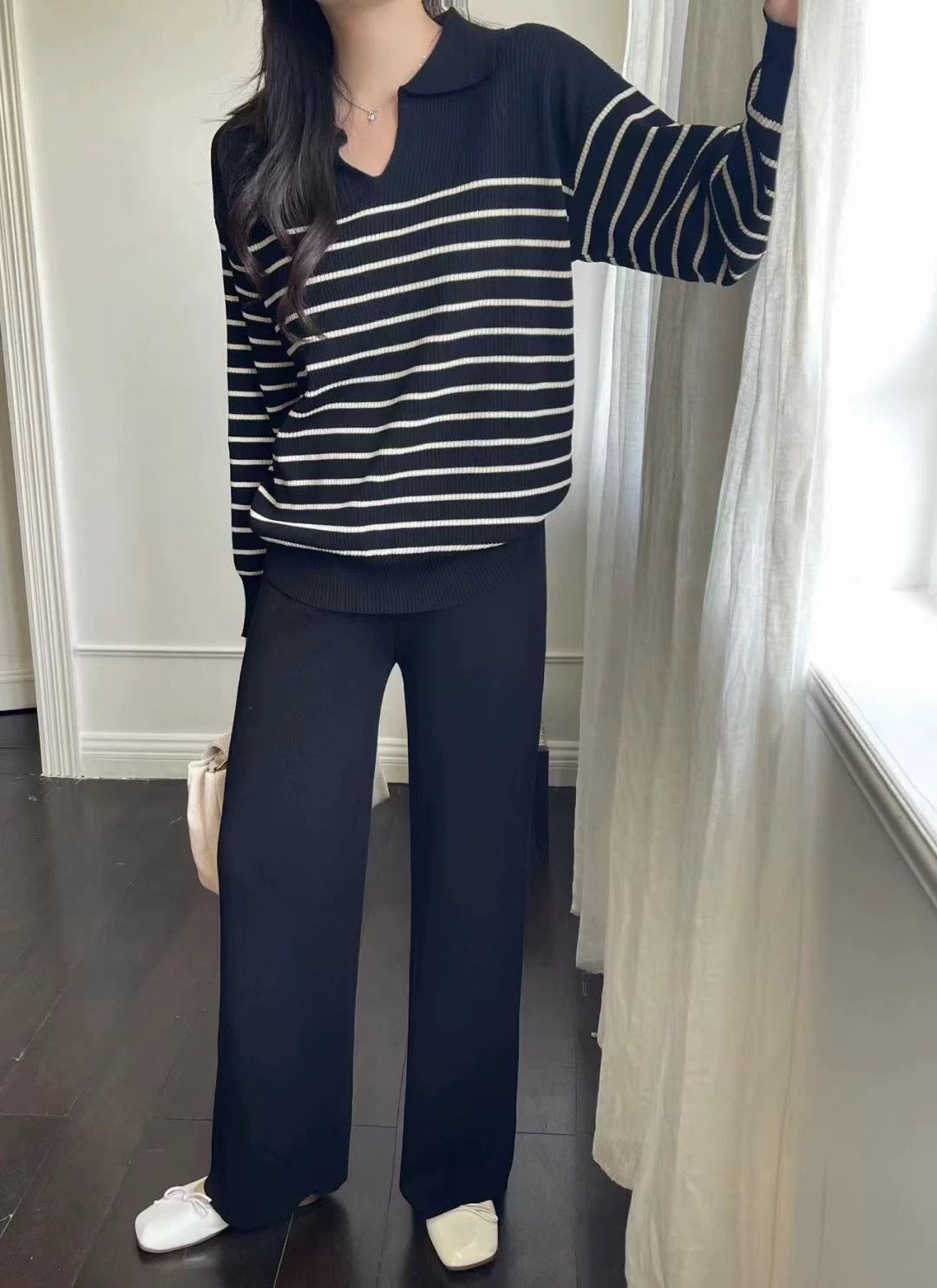 Collar Neck Stripe Long Sleeve Top & Wide Leg Pants Oversize Knitted Terno Set Coords