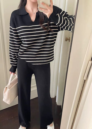 Collar Neck Stripe Long Sleeve Top & Wide Leg Pants Oversize Knitted Terno Set Coords