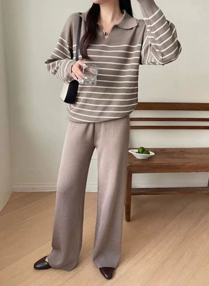 Collar Neck Stripe Long Sleeve Top & Wide Leg Pants Oversize Knitted Terno Set Coords