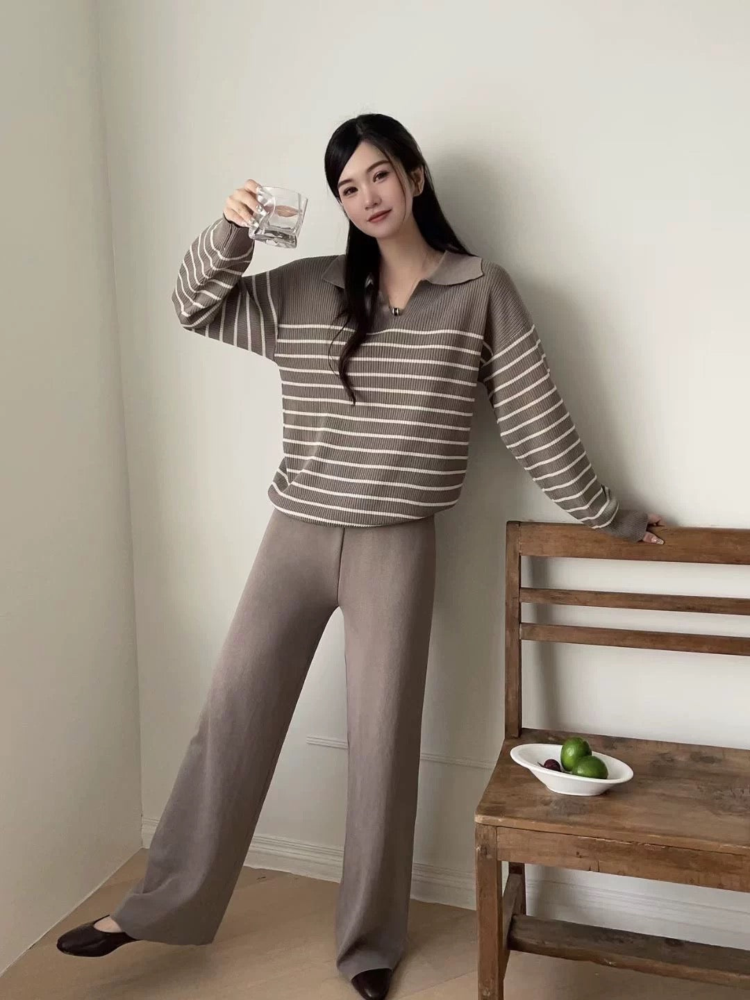 Collar Neck Stripe Long Sleeve Top & Wide Leg Pants Oversize Knitted Terno Set Coords