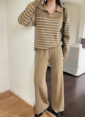 Collar Neck Stripe Long Sleeve Top & Wide Leg Pants Oversize Knitted Terno Set Coords