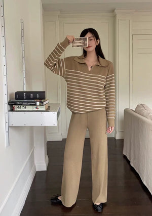 Collar Neck Stripe Long Sleeve Top & Wide Leg Pants Oversize Knitted Terno Set Coords