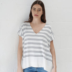 Side Slit V-neck Stripe Pattern Batwing Sleeve Oversize Knitted Top