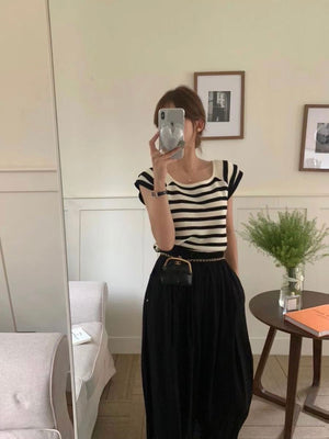 Linen Knitted Triple-layer Sleeve Stripe Oversize Top