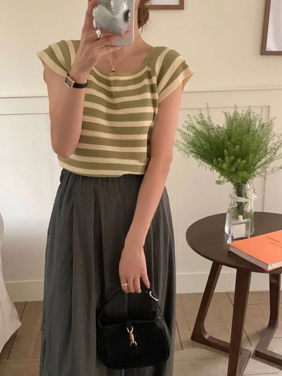 Linen Knitted Triple-layer Sleeve Stripe Oversize Top