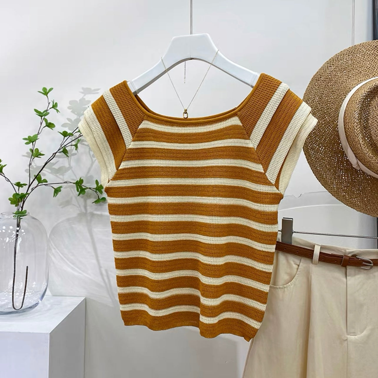 Linen Knitted Triple-layer Sleeve Stripe Oversize Top