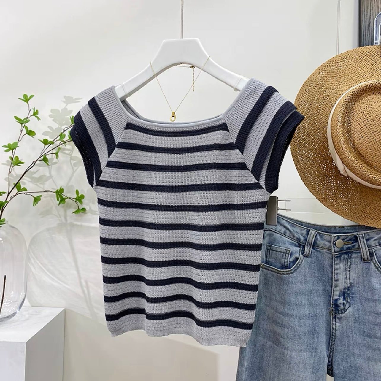 Linen Knitted Triple-layer Sleeve Stripe Oversize Top