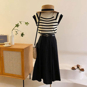 Linen Knitted Triple-layer Sleeve Stripe Oversize Top