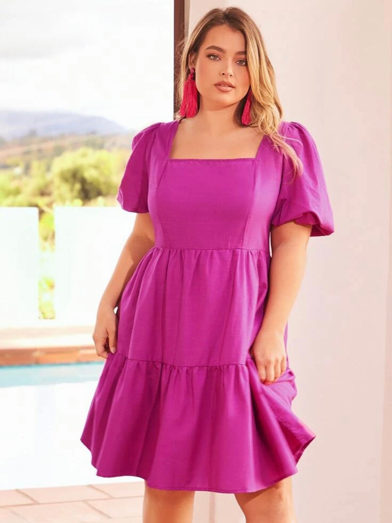 Square Neck Back Zipper Elastic Sleeve Plus Size Dress