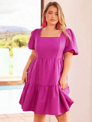 Square Neck Back Zipper Elastic Sleeve Plus Size Dress