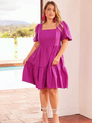 Square Neck Back Zipper Elastic Sleeve Plus Size Dress