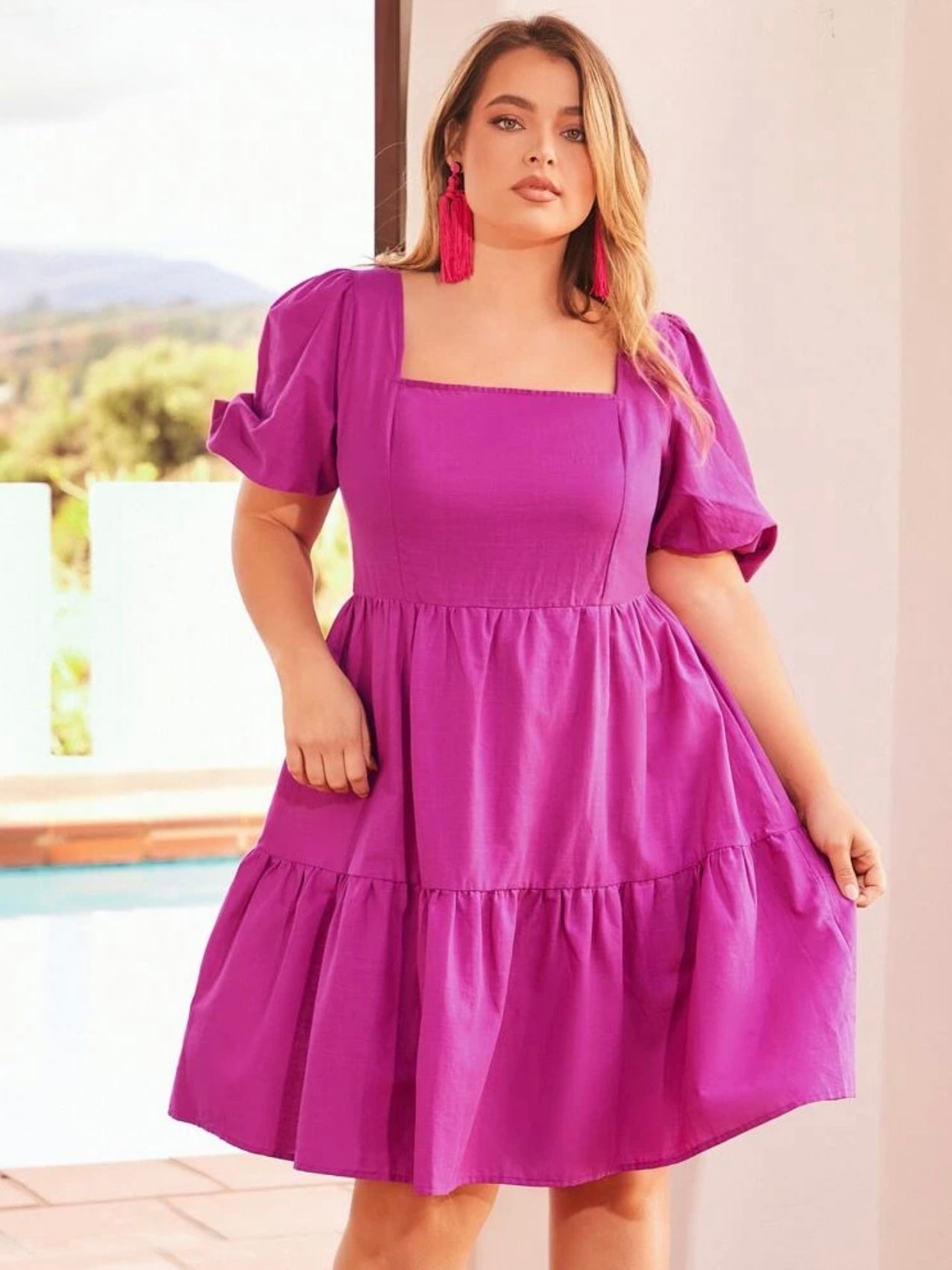 Square Neck Back Zipper Elastic Sleeve Plus Size Dress