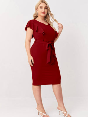 Ruffle Sleeve Self Belt Solid Plus Size Dress