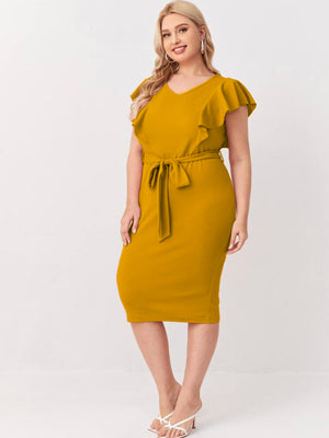 Ruffle Sleeve Self Belt Solid Plus Size Dress