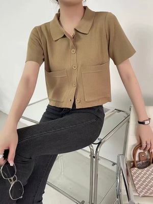 Side Pocket Button Down Collar Neck Oversize Knitted Top