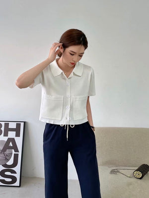 Side Pocket Button Down Collar Neck Oversize Knitted Top