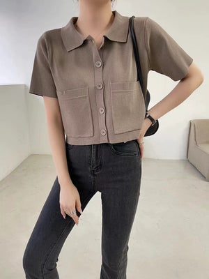 Side Pocket Button Down Collar Neck Oversize Knitted Top