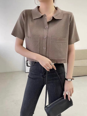 Side Pocket Button Down Collar Neck Oversize Knitted Top