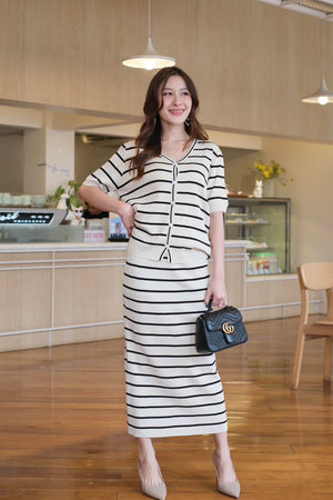 Stripe Pattern Button Down V-neck Top & Garter Skirt Loose Knitted Terno Set Coords