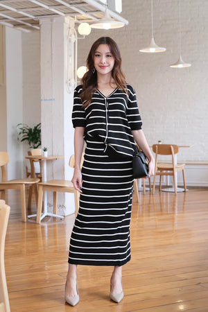 Stripe Pattern Button Down V-neck Top & Garter Skirt Loose Knitted Terno Set Coords