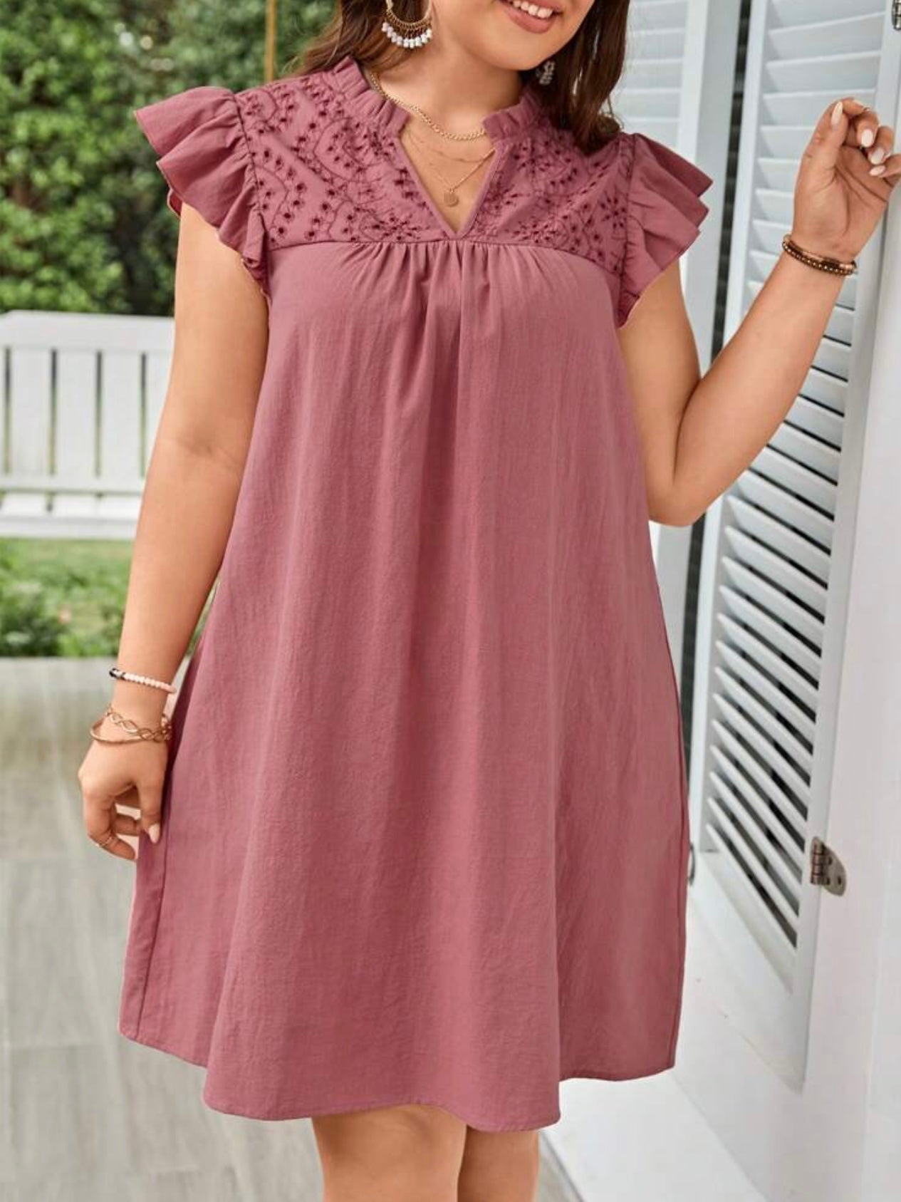 Embroidery Lace Upper Ruffle Plus Size Dress