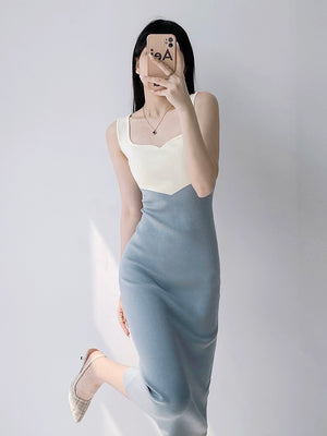 Color Contrast Two Tone Semi Sweet-heart Neckline Knitted Dress